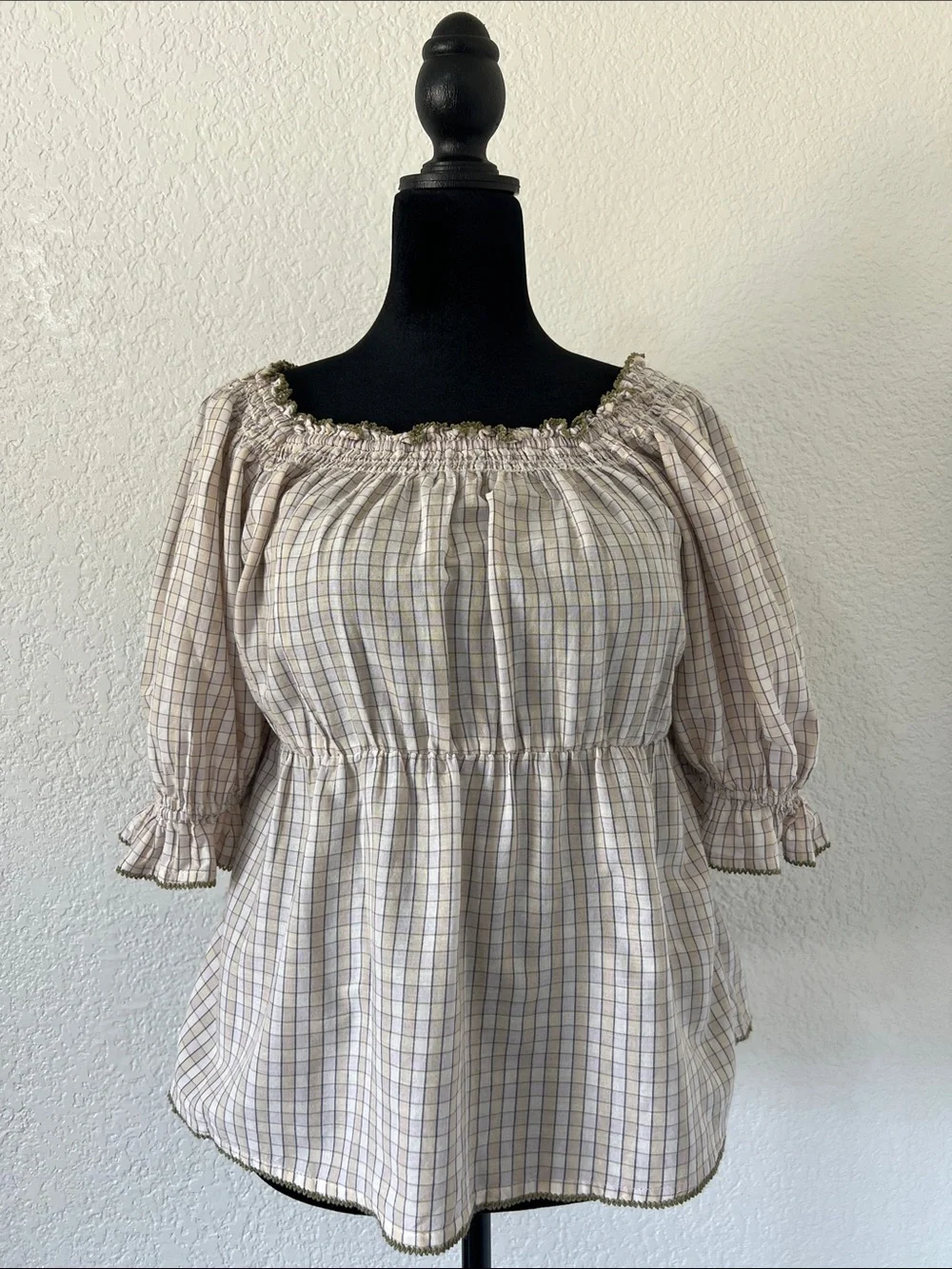 Old Navy Beige Plaid Smocked Peasant Blouse